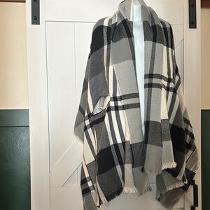 Plaid Gray and Black Poncho Scarf